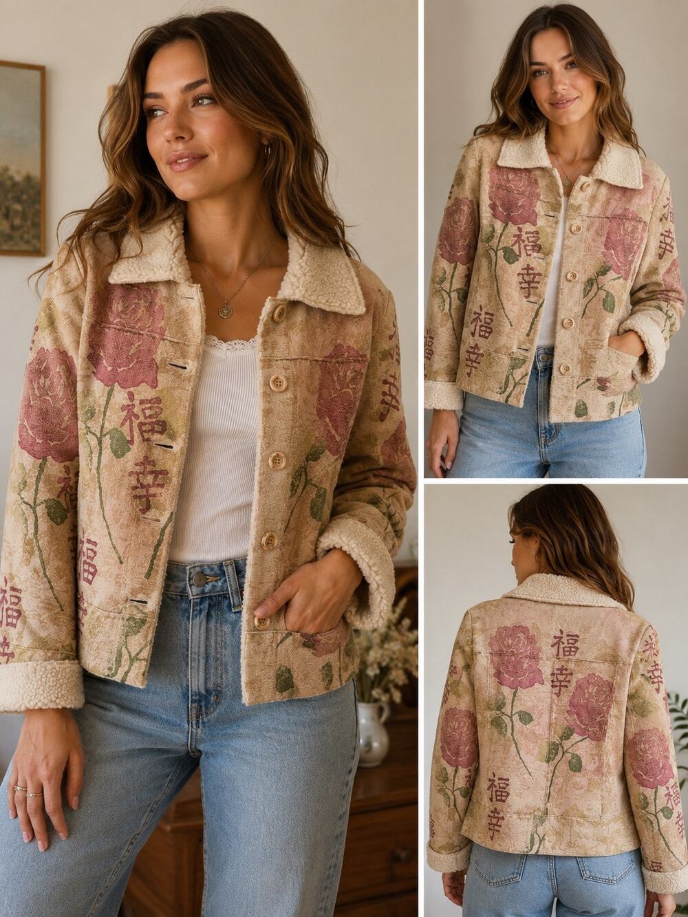 Vintage Méchant Sherpa Lined Floral Jacquard Jacket Asian Script Roses Small